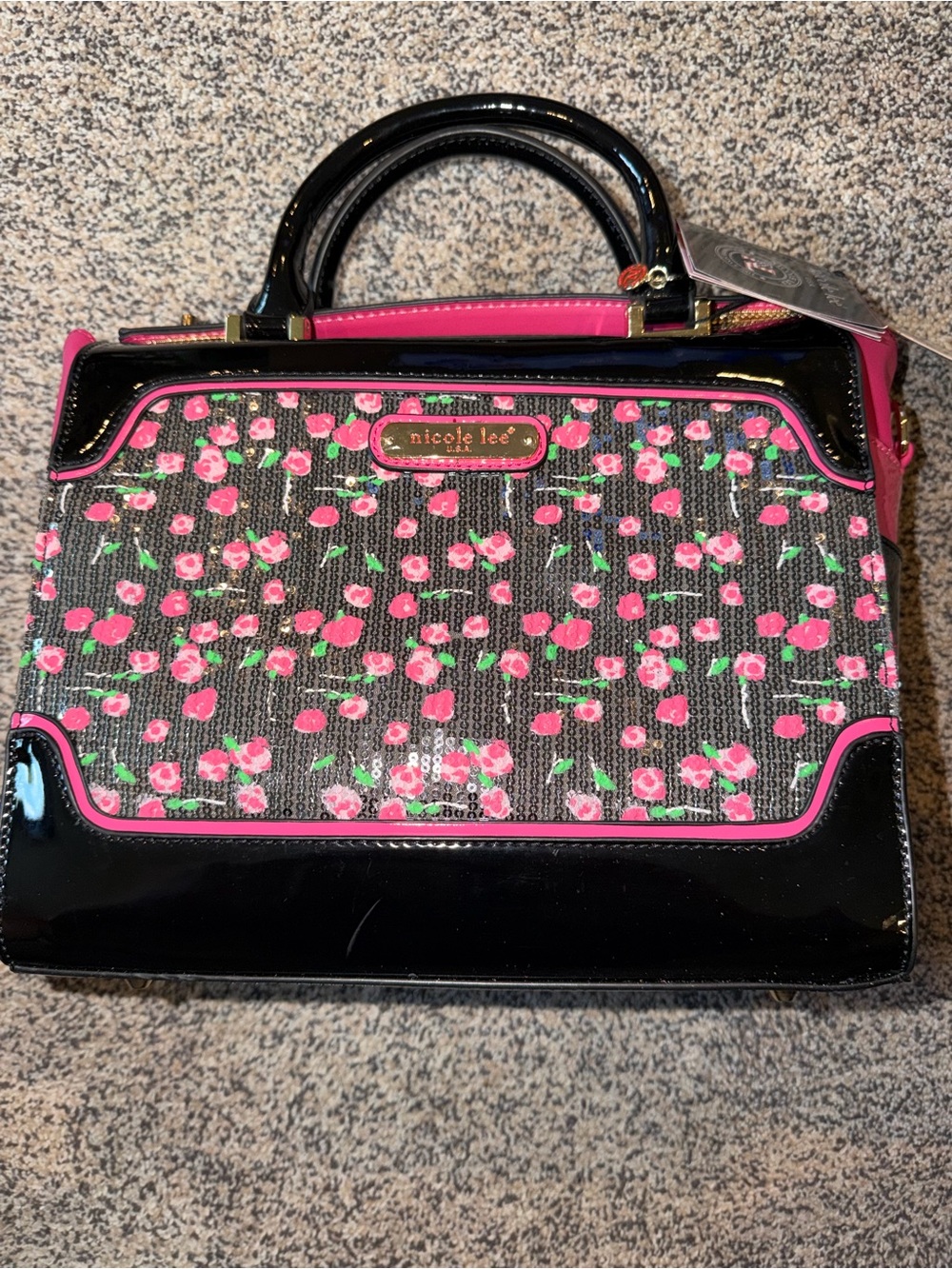 Nicole Lee Black Patent Satchel with Pink Floral Print